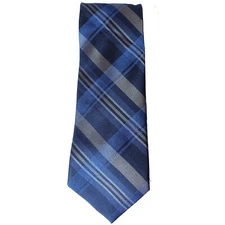 RYAN SEACREST DISTINCTION Blue Silver Gray Hills Multi Plaid Silk Slim Tie