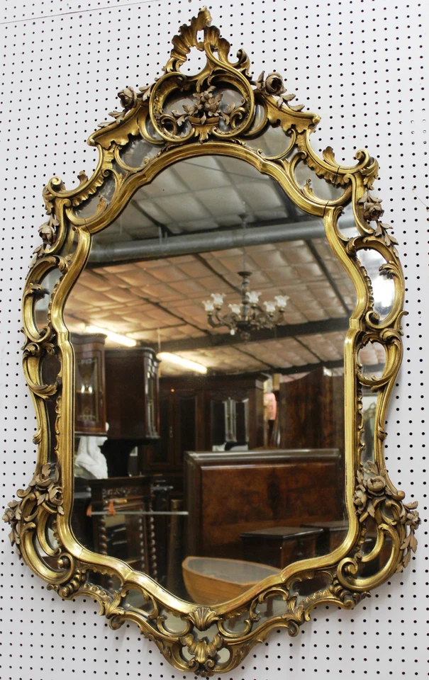 Antique HIGH QUALITY Gold Country French LouisXV Heavy Carved Wood Mirror C1870  - Image 2 of 4