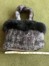 Grey Knitted Rabbit Fur Handbag With Black Fox Trim