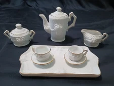 Vintage Children's 10 Piece White Bisque  Rose Victorian Miniature Tea Set