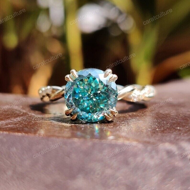 Blue Portuguese Cut Moissanite Twisted Pave Engagement Ring