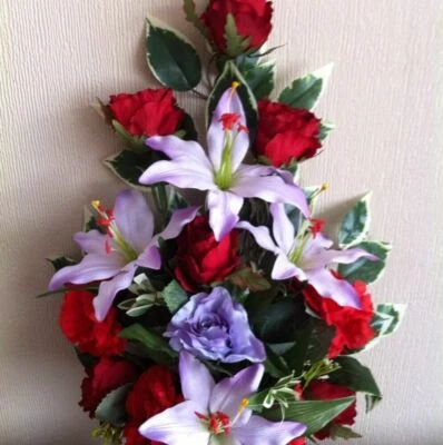 SILKY BOUQUETS LTD. Lily Rose Grave Pot Artificial Silk Flower Arrangement Flat Back Memorial Floral