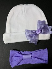 Baby girl beanie white hat purple bow alligator clip headband 0-6months