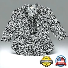 Ann Taylor Loft Ruffle Neck Button Up Top WOMENS SIZE 6 Black White Stipple EUC