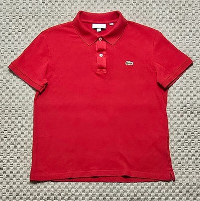 LACOSTE Red Polo Shirt Kids Large Solid Logo Short Sleeve School Uniform Preppy