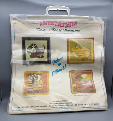 Vintage 1973 Design-A-Mania Spot the Dog Sampler Needlepoint Kit Hippy Pillow