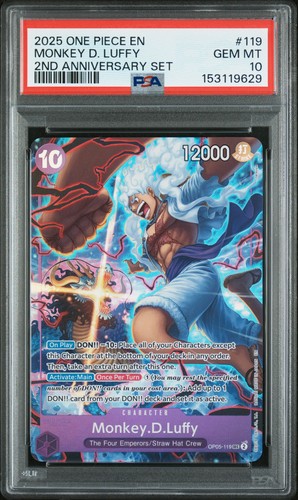2025 ONE PIECE ENGLISH VERSION 2ND ANNIVERSARY SET #119 MONKEY D. LUFFY PSA 10