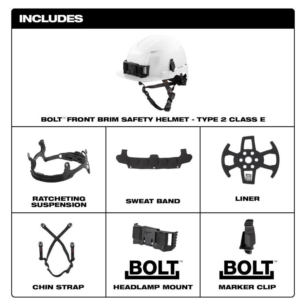 BOLT White Type 2 Class E Front Brim Non-Vented Safety Helmet W/BOLT High Visibi