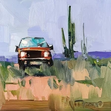 Abandoned Red Car Spring Painting PRINT By Impressionist Artist Jose Trujillo