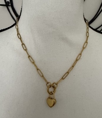 18k Gold PVD Stainless Steel Paperclip Necklace w. Mini Heart Lock Charm