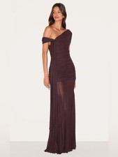 PrettyLittleThing BROWN LINED MESH BARDOT MAXI DRESS Sz 0