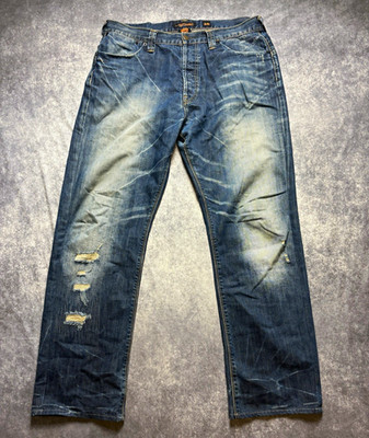 Ed Hardy Herren Jeans Blau 36/34 Tapered Denim Distressed Five-Pocket Logo