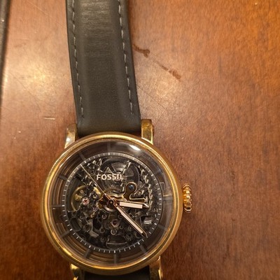 Fossill ME3099 Skeleton Automatic  38mm Rose Gold Case drk grey Leather Strap