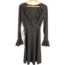 Express Ruffled Faux Wrap Dress Size 3/4 Flared Bell Sleeve Brown Cocktail Party