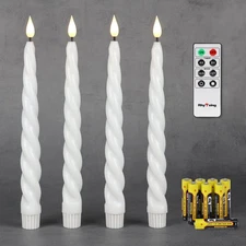 9.6" White Flameless Twisted Taper Candles with Timer Battery Operated Spiral...