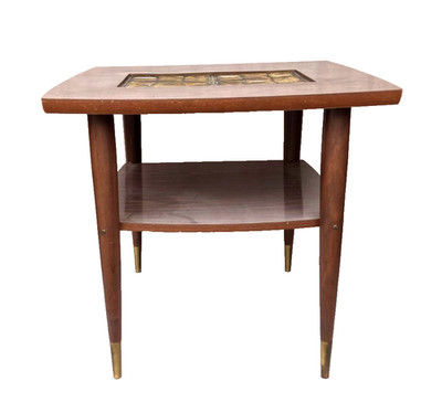 Vintage MCM Walnut Laminate 2 Tier End Table Tapered Solid Wood Legs - Rare!!
