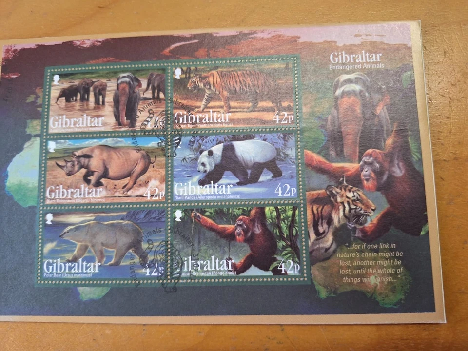 UK Gibraltar M Stamp FDC 2011 Endangered Animals Elephant Tiger Panda Polar Bear - Image 4 of 4