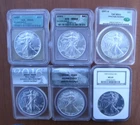 LOT OF 6 MS69, AMERICAN SILVER EAGLES .999 FINE, 1 OZ EACH, TOTAL 6 OZ, DIFF YRS