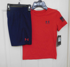NWT 2pc Under Armour Red Navy Flag Freedom Shirt Shorts Set sz 5