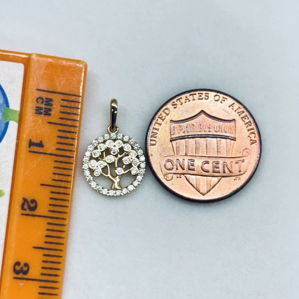 14k Yellow Gold Tree Of Life Family Halo Cluster CZ Pave Round Cut Pendant Charm - Image 4 of 4