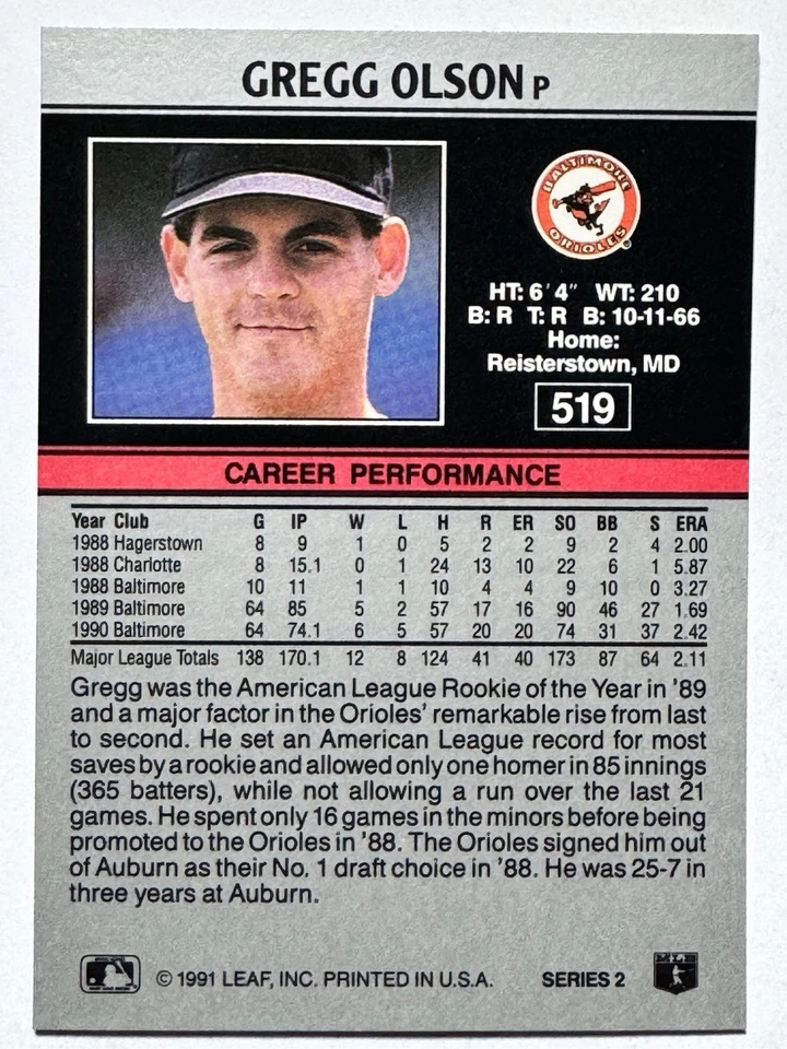 GREGG OLSON Baltimore Orioles 1991 Leaf Series 2 Baseball Card #519 - Image 2 of 2