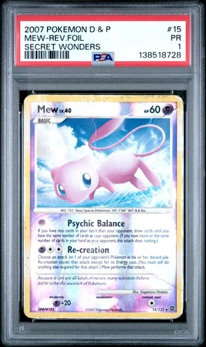 2007 POKEMON DIAMOND & PEARL SECRET WONDERS #15 MEW-REVERSE FOIL PSA 1