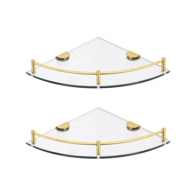 LIFELOOK 2Tier Gold Bathroom Corner Shelve Glass Shower Wall Mounted Storage Caddy Shelf