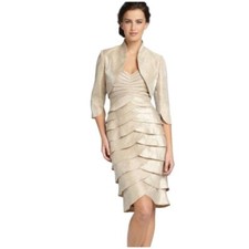 Adrianna Papell Tiered Hammered Satin Sheath Dress Champagne Gold Size 12