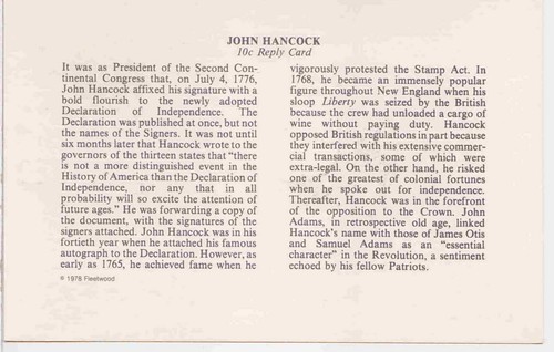 TurtlesTradingPost- John Hancock- 1978 #UX74 Postal Card FDC- Fleetwood Cachet - Picture 2 of 2