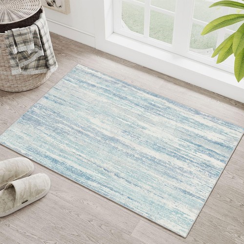 Small Rug Washable 2x3 Blue Modern Abstract Low Pile Front Door Mat Non Slip
