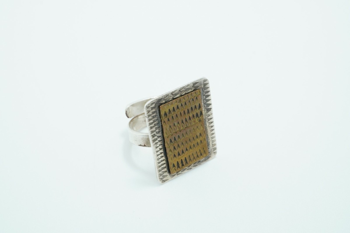Vintage Sandy Comstock Sterling Silver & Brass Stamped Design Ring