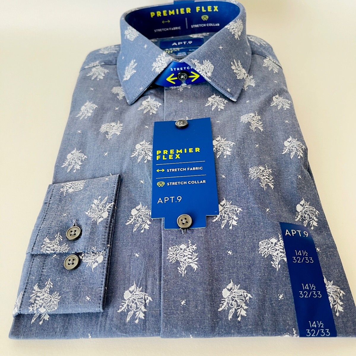premier dress shirts NWT APT.9 Men's Denim Blue White Floral Premier Dress Shirt 14.5 32/33  Small