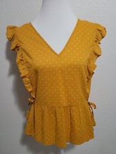 MADEWELL Women's Blouse Sleeveless V-Neck Ruffles Polka Dot Yellow Color.Size M