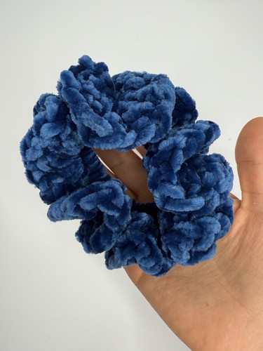Handmade Blue Velvet Crochet Scrunchies – Set of 3 Soft Stretchy Hair Ties, New - Picture 2 of 7