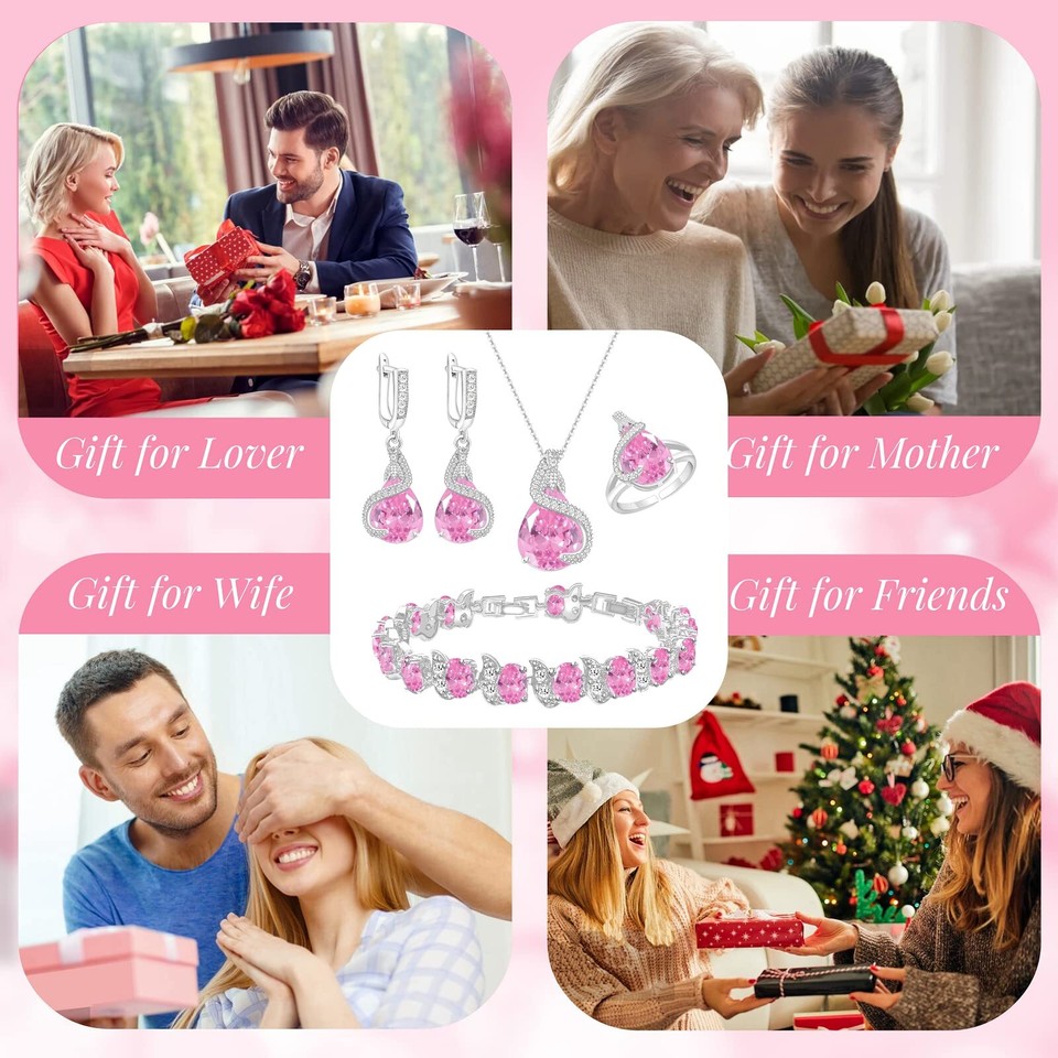 Pink Stone Jewelry Set for Women Water Drop Necklace Earrings Open Ring