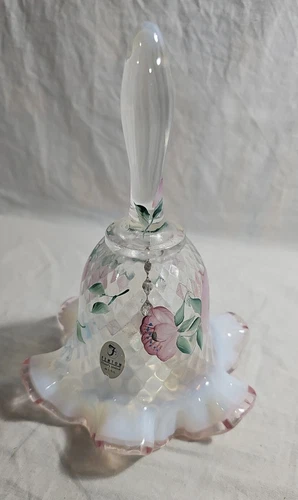 Fenton Art Glass Bell Handpainted Opalescent Pink Floral Ruffled Signed 7" tall
