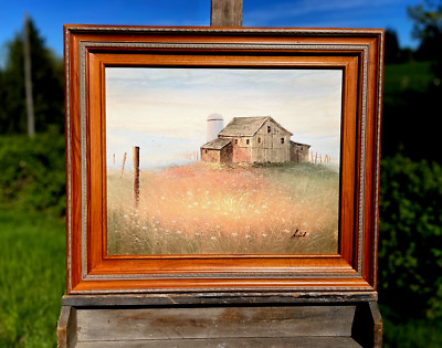 Original OIL PTG by LRUID, a Distant Coastine, Wood Barn & Silo Overlooking Sea