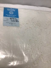 Peacock Creation VTG White Hand Made 100% Pure Linen Table Cloth W 12 Napkins