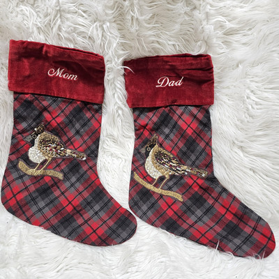 NWT Pottery Barn Christmas Stockings Plaid Embellished Bird Cardinal Mom Dad Set