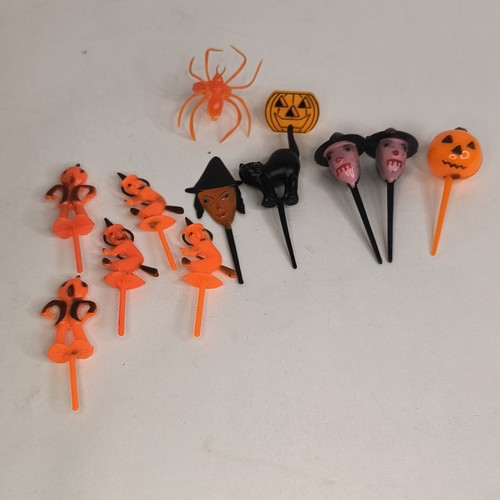 Vintage Halloween Pumpkin Head Cat Witch Pumpkin Cupcake Cake Topper Lot Of 10
