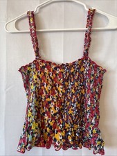 Patrons of Peace Smocked Tank Top Floral Ruffle Sleeveless Multicolor Size M