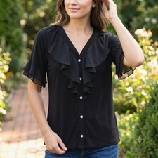 EXC Ruffle Blouse Womens S BLACK Boho Whimsigoth Rhinestone Buttons Goth Office
