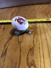Porcelain Hand Painted Egg On Brass Stand. Unbranded.  Purple With Purple Flower