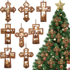 16Pcs Nativity Scene Cross Ornaments 3D Wooden Christian Christmas Tree Decor