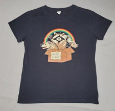 Romwe Shirt Womens Medium Black Graphic Funny Adopt A Cat Raccoon Rainbow Possum