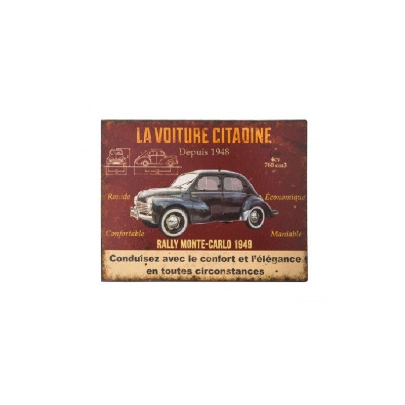 Plaque métal 4 CV - LA VOITURE CITADINE modèle plat de dimensions 22x28cm