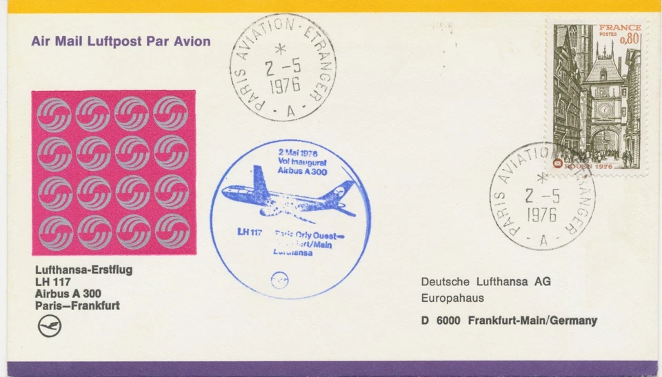 FRANKREICH 1976 Erstflug Dt.Lufthansa Airbus A300 Flug LH 117 PARIS - FRANKFURT - Bild 1 von 1