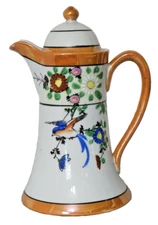 Hand-Painted Japanese Pitcher, Vintage 1 Qt. 9.5", Bluebird & Flowers, Lidded