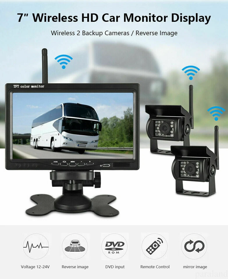 Wireless 7" Car Monitor Dual Mounts 2x IR CCD Reversing Camera For Truck Caravan - Image 2 of 4