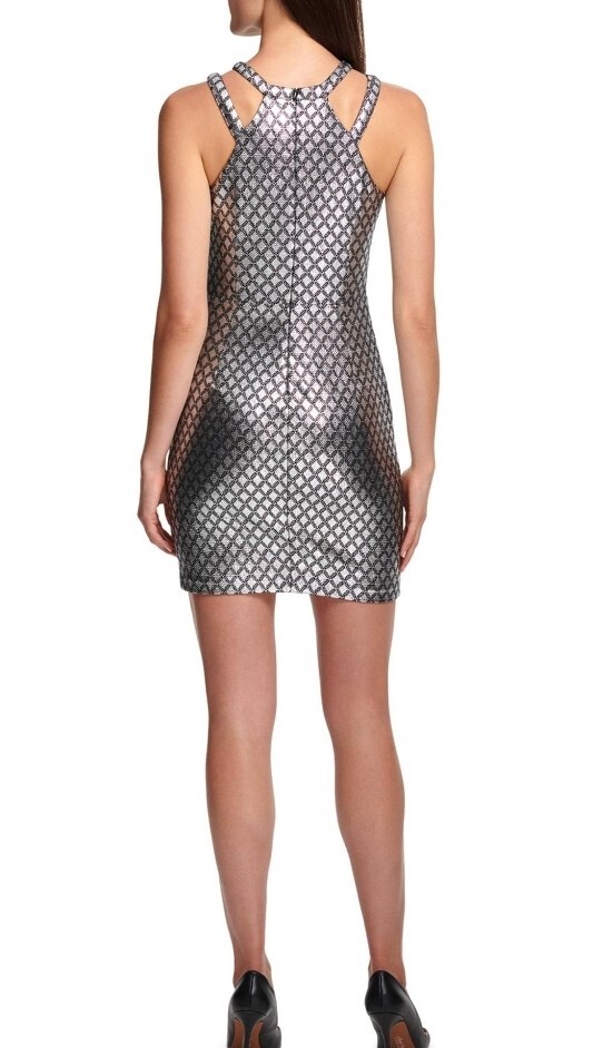 guess metallic dress Guess Women's Printed Metallic Cage-Neck Bodycon Dress, Size: 8, Silver